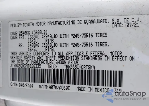 2021 Toyota Tacoma Sr z USA, uszkodzony, nr VIN 3TYRX5GN3MT028335